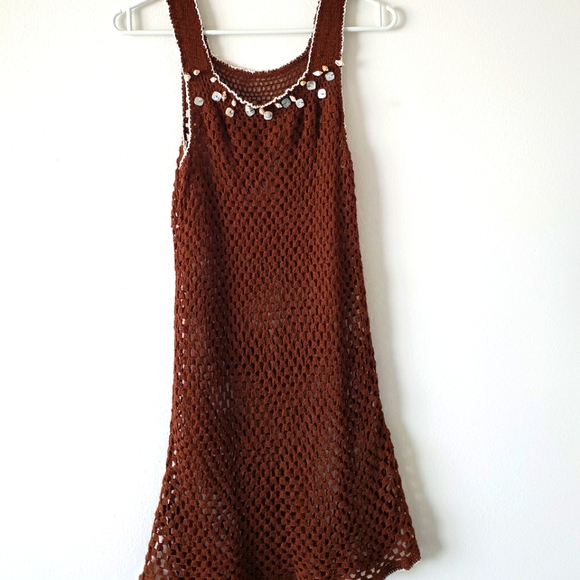 🏝 crochet beach ⛱ sleveless brown cover up size XS .cotton . - Picture 2 of 7